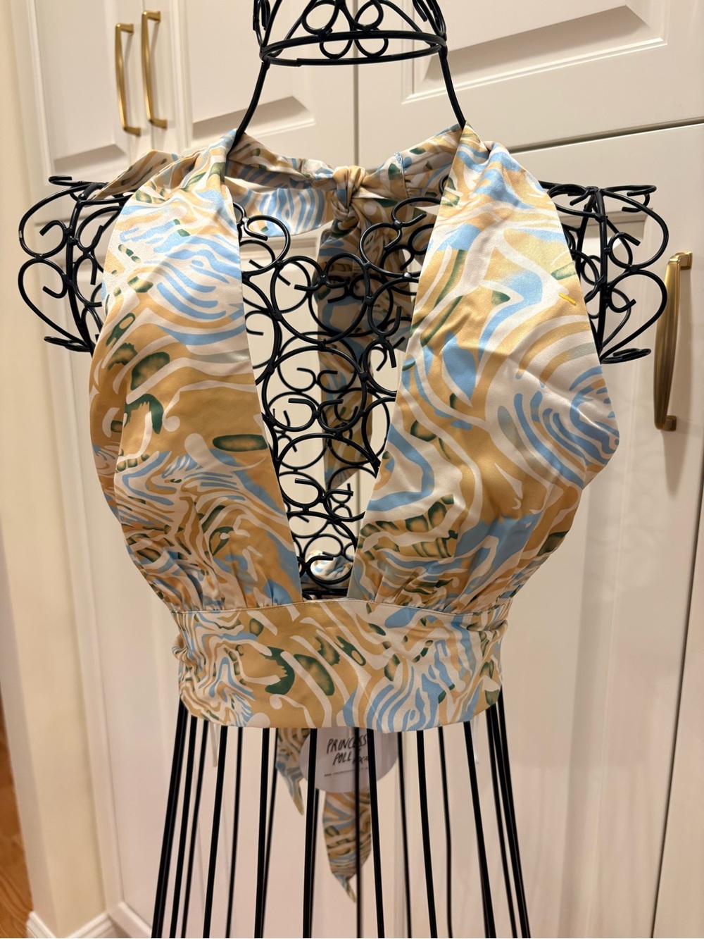 NWT Princess Polly Swirl Satin Halter Crop Top - Blue & Yellow Plunge Wrap